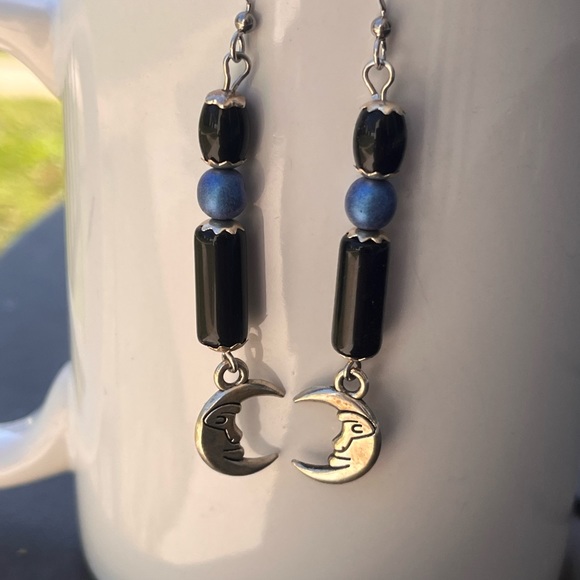 Hand Crafted Jewelry - Handcrafted Obsidian Czech glass moon earrings